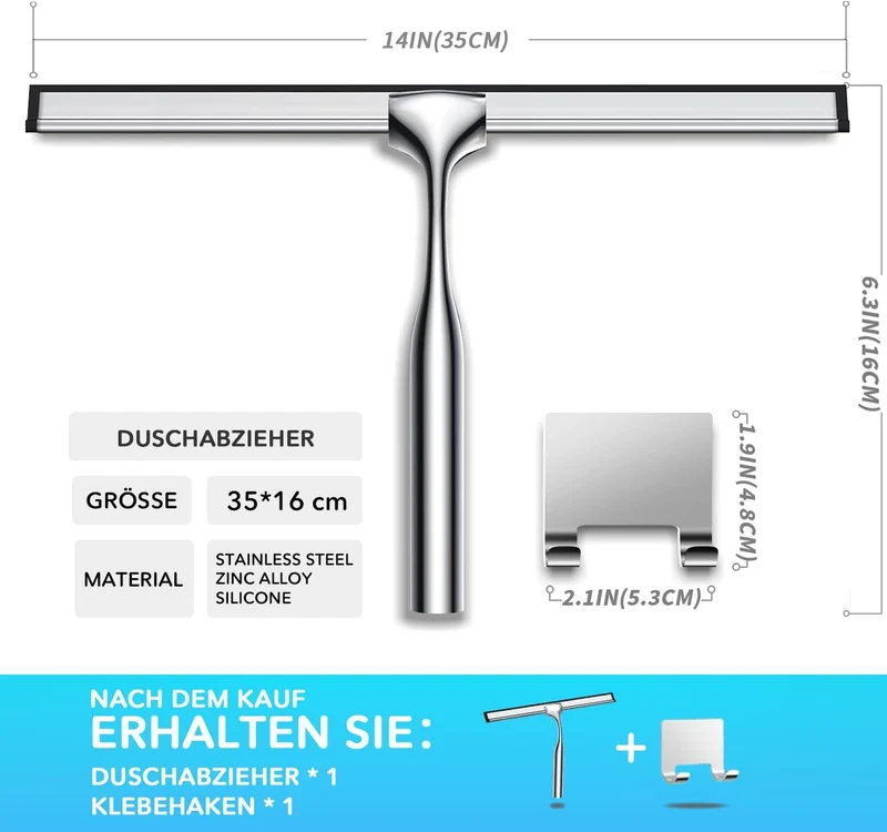 Edelstahl Duschabzieher Mit Selbstklebe Haken, Silber Abzieher Dusche Wischer für Badezimmer, Kurzer Handgriff Glaswischer, Glas Wasserschieber, Duschwand Abzieher, Badwischer