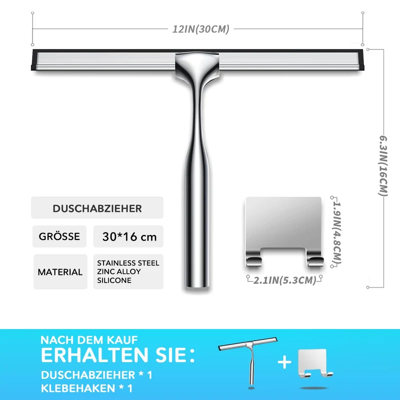 Edelstahl Duschabzieher Mit Selbstklebe Haken, Silber Abzieher Dusche Wischer für Badezimmer, Kurzer Handgriff Glaswischer, Glas Wasserschieber, Duschwand Abzieher, Badwischer