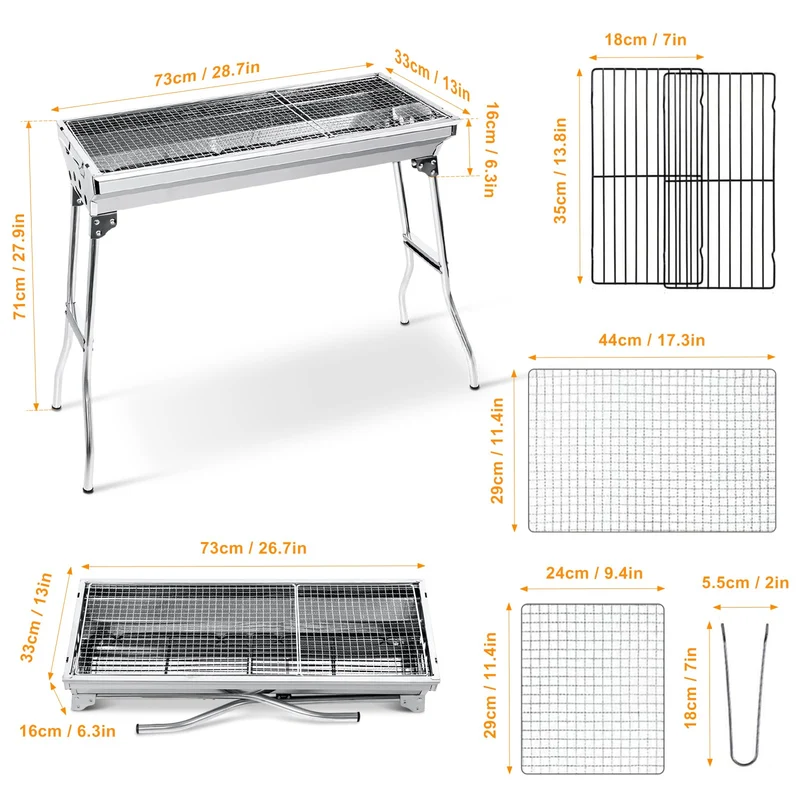 Holzkohlegrill Picknickgrill Edelstahl Kleiner Grill Portabler Campinggrill Abnehmbare BBQ Grills für Outdoor Garten Party