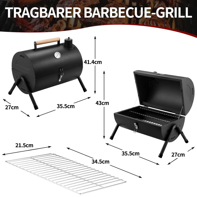 Holzkohlegrill Klein Campinggrill Kleiner Grill Camping Grill Holzkohle Mini Tragbarer Klappgrill Holzkohle für Outdoor Kochen, Picknick, Ideal für Strand, Wohnwagen, Garten, Party Barrel Schwarz