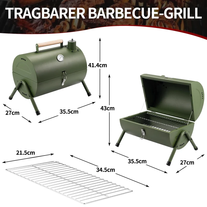 Holzkohlegrill Klein Campinggrill Kleiner Grill Camping Grill Holzkohle Mini Tragbarer Klappgrill Holzkohle für Outdoor Kochen, Picknick, Ideal für Strand, Wohnwagen, Garten, Party Barrel Schwarz