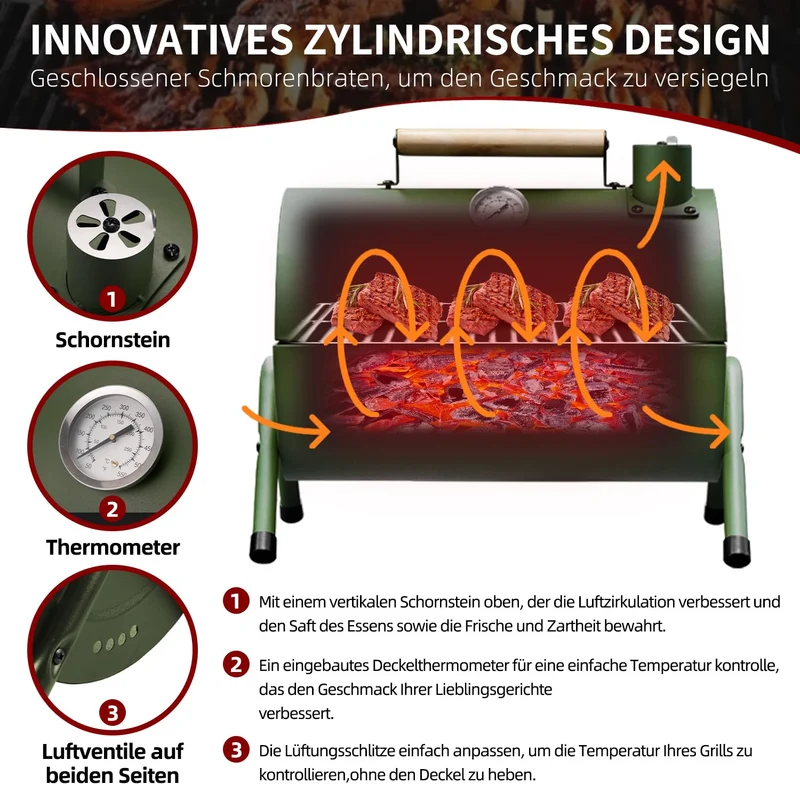 Holzkohlegrill Klein Campinggrill Kleiner Grill Camping Grill Holzkohle Mini Tragbarer Klappgrill Holzkohle für Outdoor Kochen, Picknick, Ideal für Strand, Wohnwagen, Garten, Party Barrel Schwarz