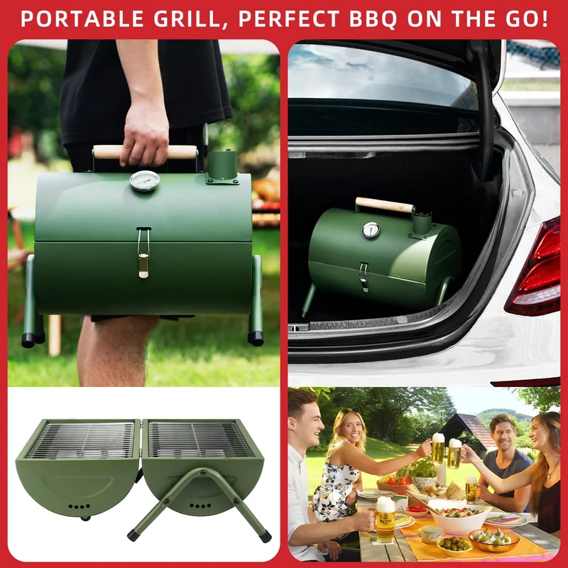 Holzkohlegrill Klein Campinggrill Kleiner Grill Camping Grill Holzkohle Mini Tragbarer Klappgrill Holzkohle für Outdoor Kochen, Picknick, Ideal für Strand, Wohnwagen, Garten, Party Barrel Schwarz