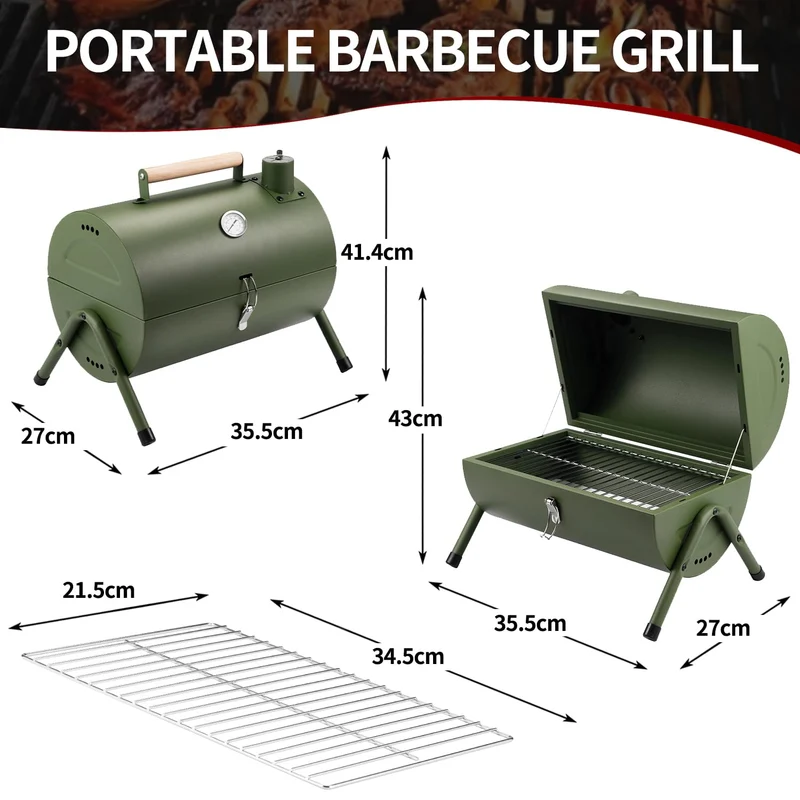 Holzkohlegrill Klein Campinggrill Kleiner Grill Camping Grill Holzkohle Mini Tragbarer Klappgrill Holzkohle für Outdoor Kochen, Picknick, Ideal für Strand, Wohnwagen, Garten, Party Barrel Schwarz