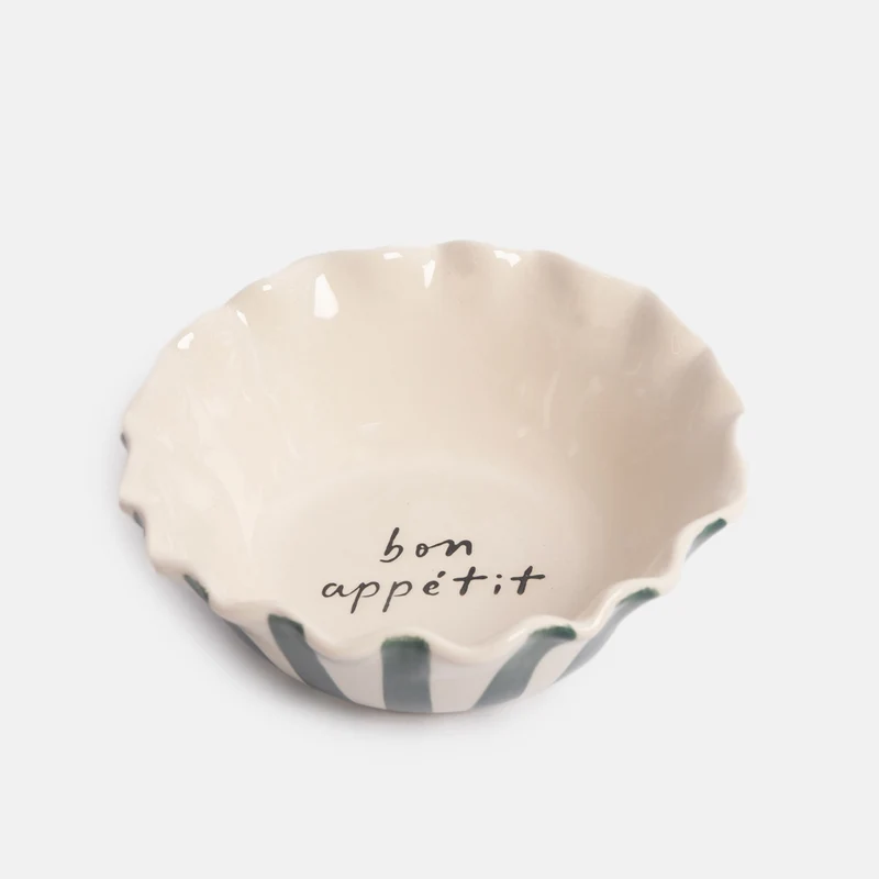 Teal Stripe Scallop Edge 'Bon Appetit' Cereal Bowl