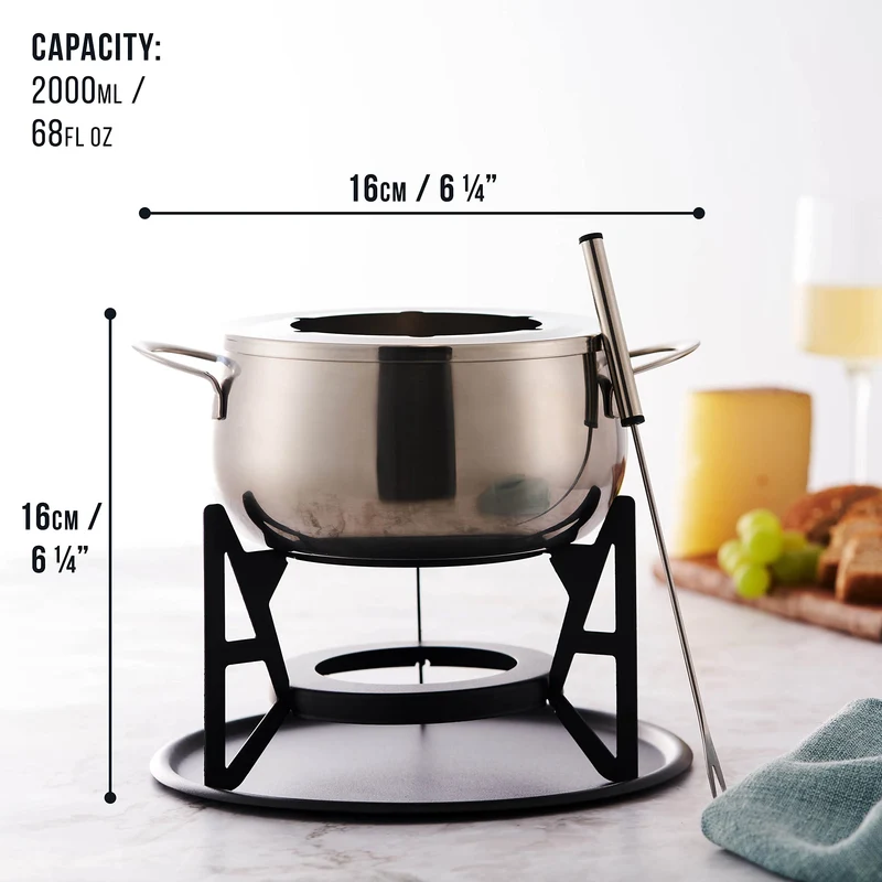 10-teilige Premium-Fondue aus Edelstahl für 6 Personen - Elegantes Silber - Schokolade, Käse, Fleisch - Robust & Chic - Geschenkset für Valentinstag/Geburtstag/Jubiläum