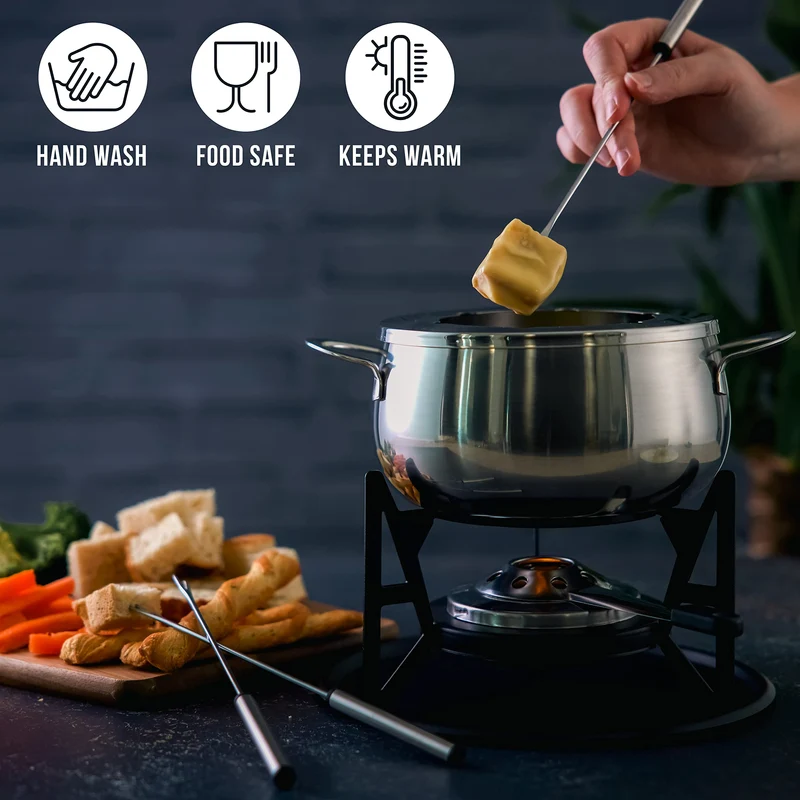 10-teilige Premium-Fondue aus Edelstahl für 6 Personen - Elegantes Silber - Schokolade, Käse, Fleisch - Robust & Chic - Geschenkset für Valentinstag/Geburtstag/Jubiläum