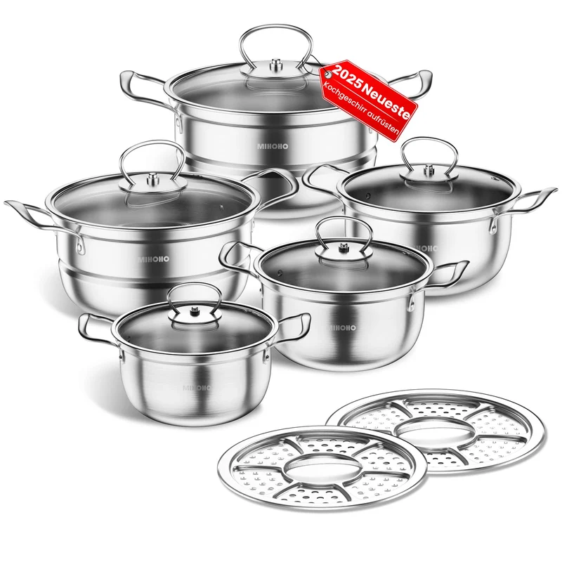 Edelstahl Saucepan Set, 12-teilige Töpfe Set mit Dampfer und Löffel, großes Kochgeschirr, Induktionskochtopf Set, Töpfe Set