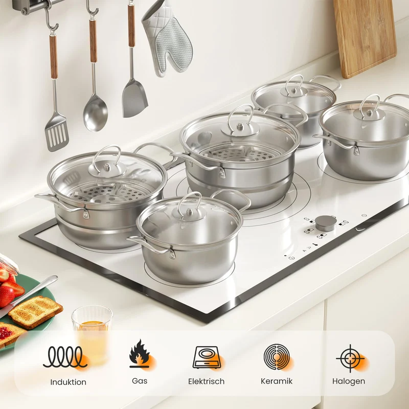 Edelstahl Saucepan Set, 12-teilige Töpfe Set mit Dampfer und Löffel, großes Kochgeschirr, Induktionskochtopf Set, Töpfe Set