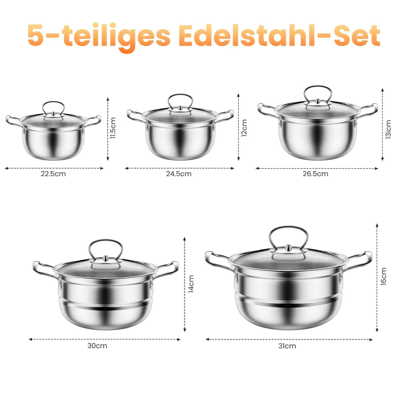Edelstahl Saucepan Set, 12-teilige Töpfe Set mit Dampfer und Löffel, großes Kochgeschirr, Induktionskochtopf Set, Töpfe Set