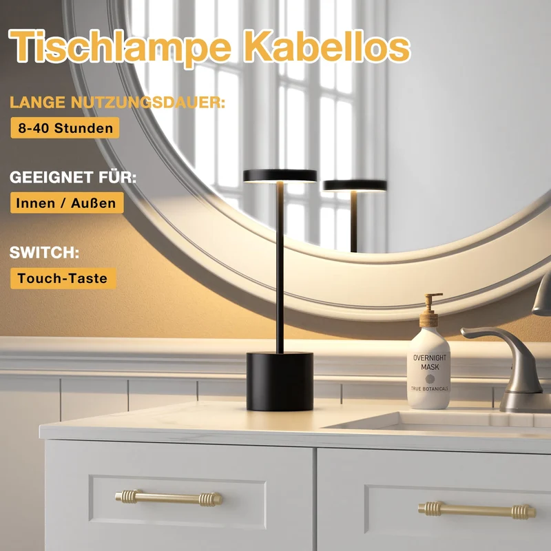 Tischlampe Batterie, LED Tischlampe Wireless, Tischlampe Wireless Batterie mit 3 Farbtemperaturen, Touch Nachttischlampe Dimmbar, kontinuierlich dimmbar für Schlafzimmer