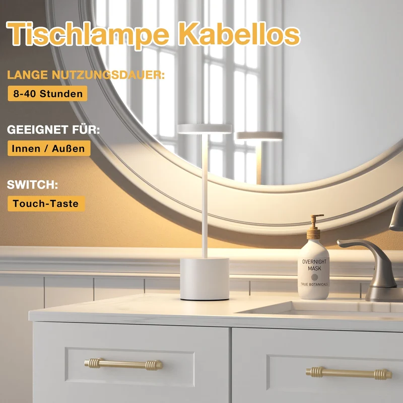 Tischlampe Batterie, LED Tischlampe Wireless, Tischlampe Wireless Batterie mit 3 Farbtemperaturen, Touch Nachttischlampe Dimmbar, kontinuierlich dimmbar für Schlafzimmer