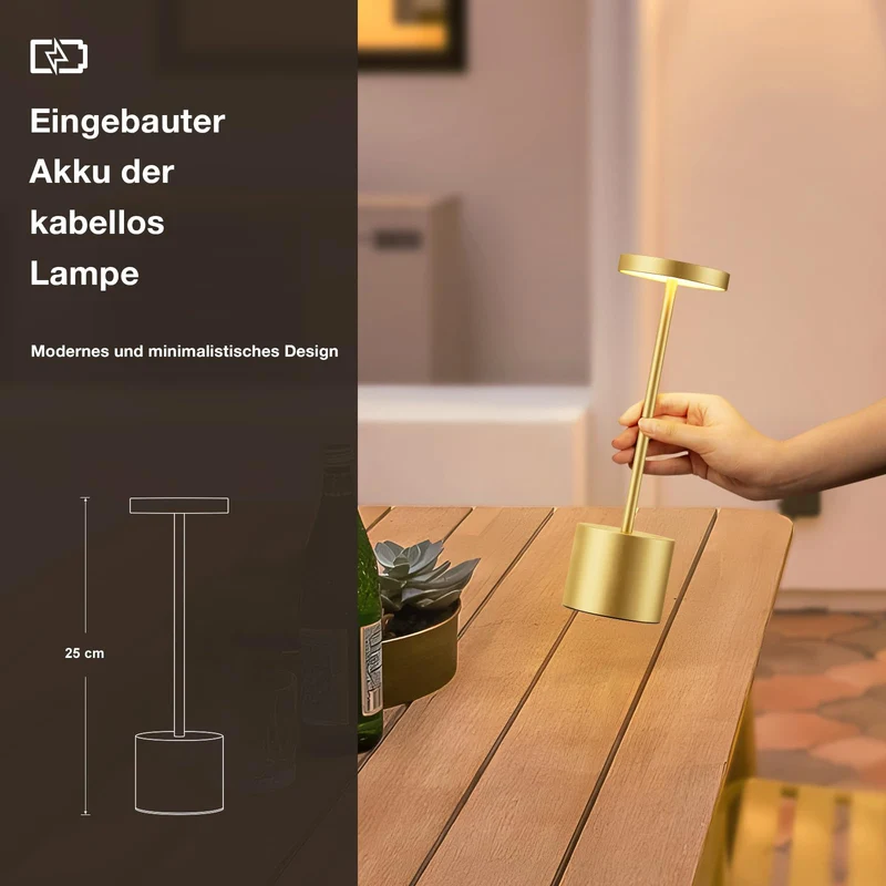 Tischlampe Batterie, LED Tischlampe Wireless, Tischlampe Wireless Batterie mit 3 Farbtemperaturen, Touch Nachttischlampe Dimmbar, kontinuierlich dimmbar für Schlafzimmer