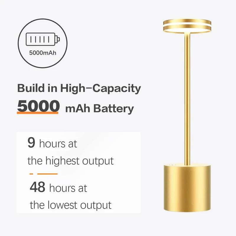 LED Batterie Tischlampen, Wireless, 5000 mAh Modern dimmbar Tischlampe, Aluminium, 3 Farbtemperaturen, Tischlampen Wiederaufladbar für Innen-, Aussen-, Nachttisch, Esstisch, Bar