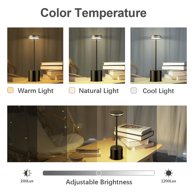 LED Batterie Tischlampen, Wireless, 5000 mAh Modern dimmbar Tischlampe, Aluminium, 3 Farbtemperaturen, Tischlampen Wiederaufladbar für Innen-, Aussen-, Nachttisch, Esstisch, Bar