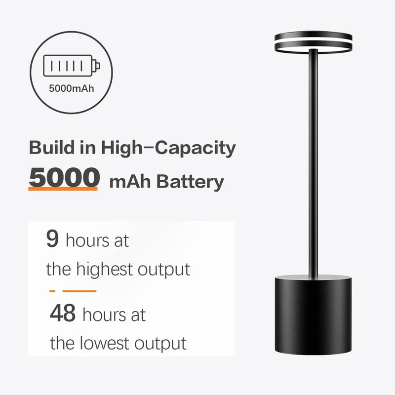 LED Batterie Tischlampen, Wireless, 5000 mAh Modern dimmbar Tischlampe, Aluminium, 3 Farbtemperaturen, Tischlampen Wiederaufladbar für Innen-, Aussen-, Nachttisch, Esstisch, Bar