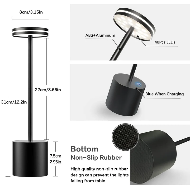 LED Batterie Tischlampen, Wireless, 5000 mAh Modern dimmbar Tischlampe, Aluminium, 3 Farbtemperaturen, Tischlampen Wiederaufladbar für Innen-, Aussen-, Nachttisch, Esstisch, Bar