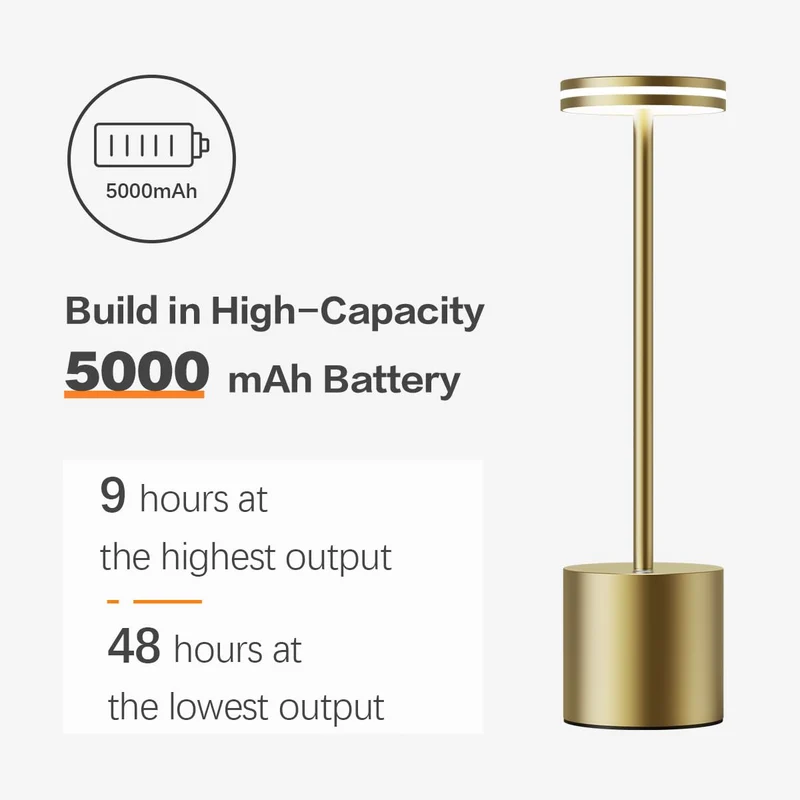 LED Batterie Tischlampen, Wireless, 5000 mAh Modern dimmbar Tischlampe, Aluminium, 3 Farbtemperaturen, Tischlampen Wiederaufladbar für Innen-, Aussen-, Nachttisch, Esstisch, Bar