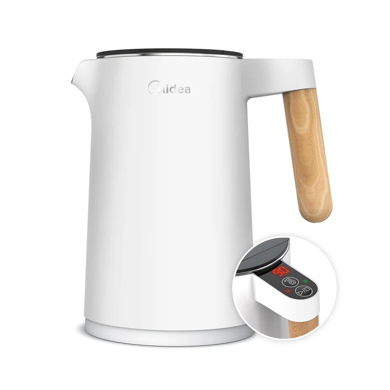 Edelstahl-Kessel mit Temperatureinstellung, 45°C - 100°C, 1,5 Liter, 2200 W Wasserkocher weiß, Teebereiter mit Temperaturanzeige und Sicherheitsfunktionen, BPA-frei, Doppelwanddesign