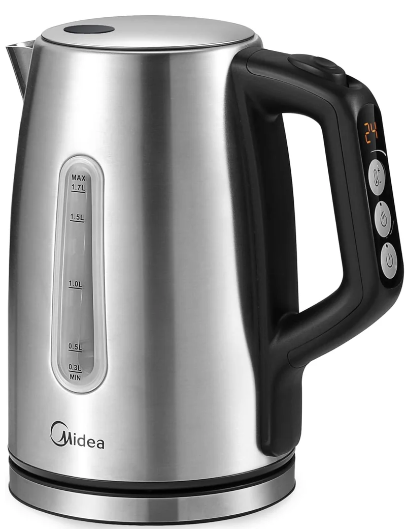 Edelstahl-Kessel mit Temperatureinstellung, 45°C - 100°C, 1,5 Liter, 2200 W Wasserkocher weiß, Teebereiter mit Temperaturanzeige und Sicherheitsfunktionen, BPA-frei, Doppelwanddesign