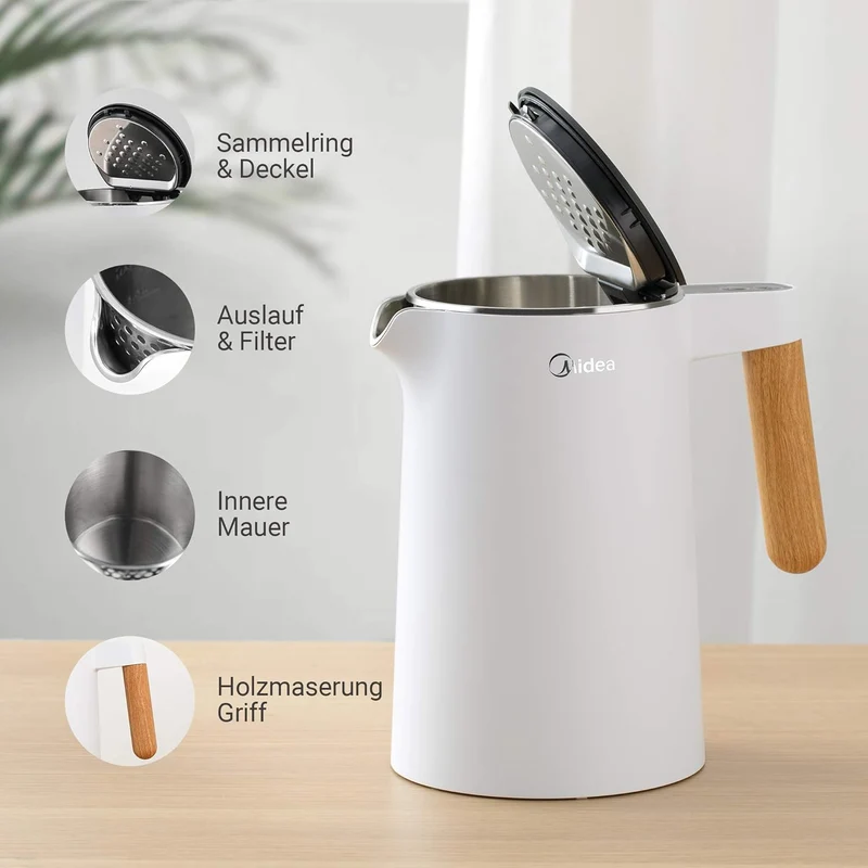 Edelstahl-Kessel mit Temperatureinstellung, 45°C - 100°C, 1,5 Liter, 2200 W Wasserkocher weiß, Teebereiter mit Temperaturanzeige und Sicherheitsfunktionen, BPA-frei, Doppelwanddesign