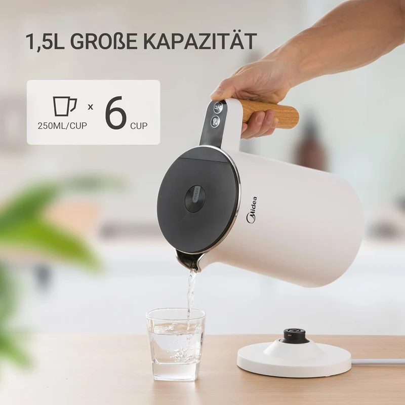 Edelstahl-Kessel mit Temperatureinstellung, 45°C - 100°C, 1,5 Liter, 2200 W Wasserkocher weiß, Teebereiter mit Temperaturanzeige und Sicherheitsfunktionen, BPA-frei, Doppelwanddesign