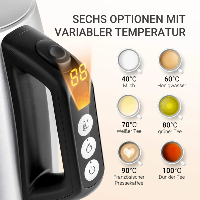 Edelstahl-Kessel mit Temperatureinstellung, 45°C - 100°C, 1,5 Liter, 2200 W Wasserkocher weiß, Teebereiter mit Temperaturanzeige und Sicherheitsfunktionen, BPA-frei, Doppelwanddesign