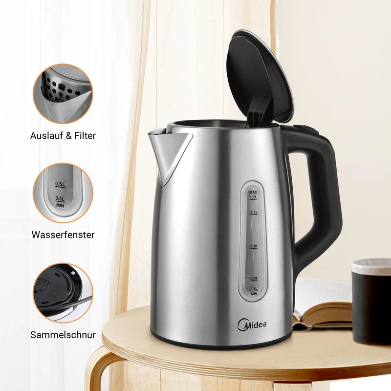 Edelstahl-Kessel mit Temperatureinstellung, 45°C - 100°C, 1,5 Liter, 2200 W Wasserkocher weiß, Teebereiter mit Temperaturanzeige und Sicherheitsfunktionen, BPA-frei, Doppelwanddesign