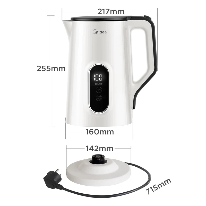 Edelstahl-Kessel mit Temperatureinstellung, 45°C - 100°C, 1,5 Liter, 2200 W Wasserkocher weiß, Teebereiter mit Temperaturanzeige und Sicherheitsfunktionen, BPA-frei, Doppelwanddesign