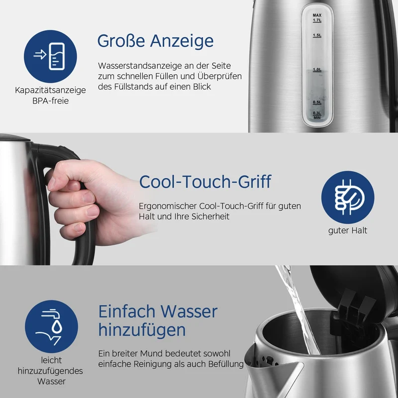 Edelstahl-Kessel mit Temperatureinstellung, 45°C - 100°C, 1,5 Liter, 2200 W Wasserkocher weiß, Teebereiter mit Temperaturanzeige und Sicherheitsfunktionen, BPA-frei, Doppelwanddesign
