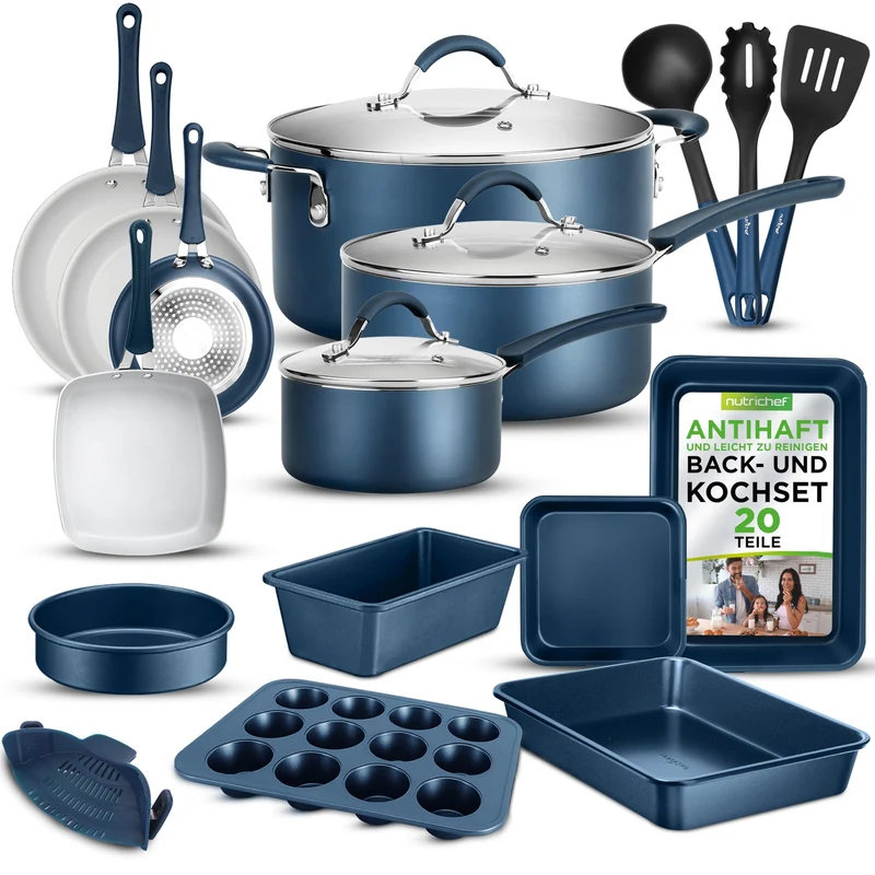 20-teiliges Non-Stick-Saucepan, Pfannen- und Backformset - Kochset PFOA/PFOS frei für Gas, Strom, Keramik und Induktion - Enthält Pfannen, Töpfe, Backdosen, Laibdose, Muffinform