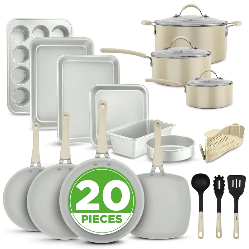 20-teiliges Non-Stick-Saucepan, Pfannen- und Backformset - Kochset PFOA/PFOS frei für Gas, Strom, Keramik und Induktion - Enthält Pfannen, Töpfe, Backdosen, Laibdose, Muffinform