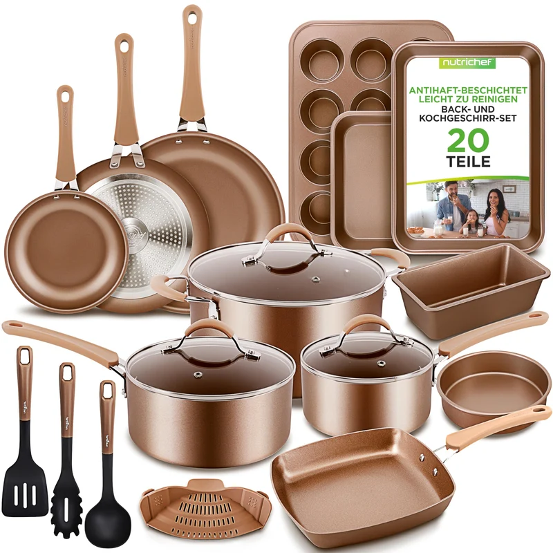 20-teiliges Non-Stick-Saucepan, Pfannen- und Backformset - Kochset PFOA/PFOS frei für Gas, Strom, Keramik und Induktion - Enthält Pfannen, Töpfe, Backdosen, Laibdose, Muffinform