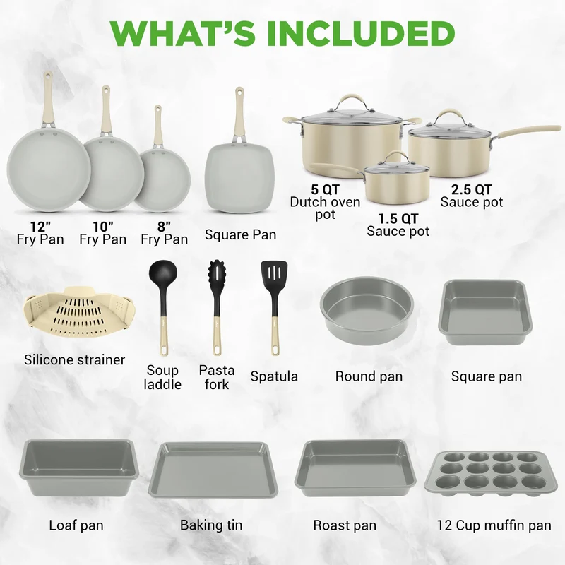 20-teiliges Non-Stick-Saucepan, Pfannen- und Backformset - Kochset PFOA/PFOS frei für Gas, Strom, Keramik und Induktion - Enthält Pfannen, Töpfe, Backdosen, Laibdose, Muffinform