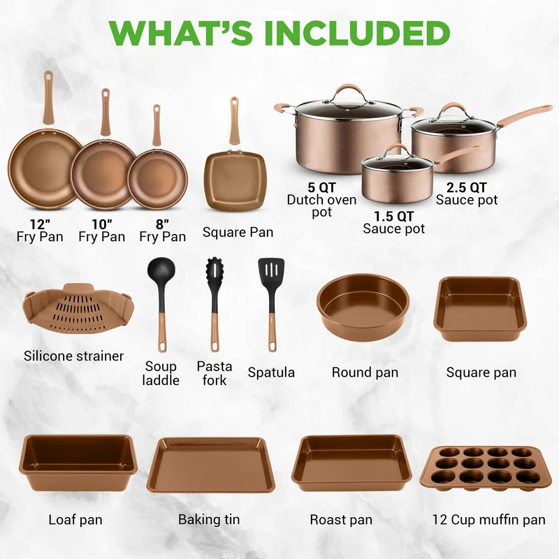 20-teiliges Non-Stick-Saucepan, Pfannen- und Backformset - Kochset PFOA/PFOS frei für Gas, Strom, Keramik und Induktion - Enthält Pfannen, Töpfe, Backdosen, Laibdose, Muffinform