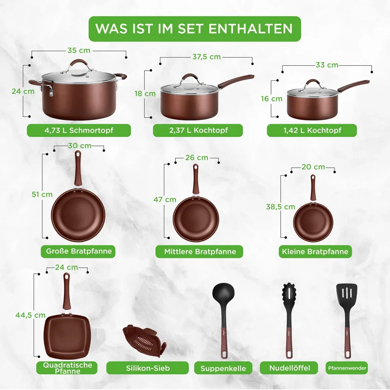 20-teiliges Non-Stick-Saucepan, Pfannen- und Backformset - Kochset PFOA/PFOS frei für Gas, Strom, Keramik und Induktion - Enthält Pfannen, Töpfe, Backdosen, Laibdose, Muffinform