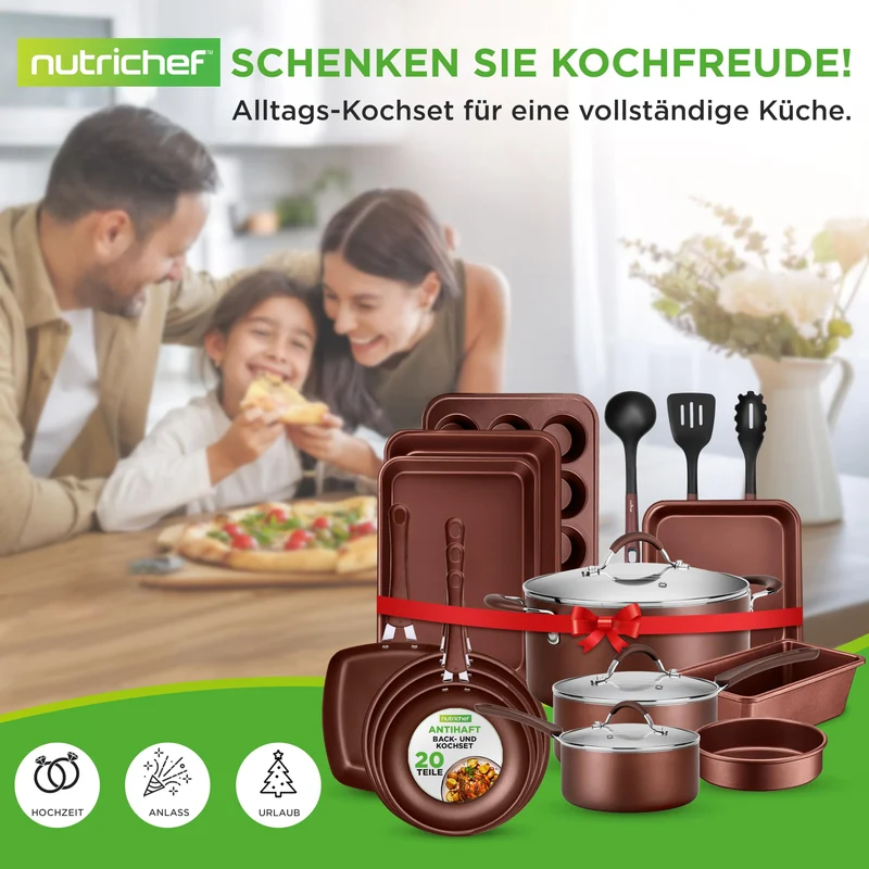 20-teiliges Non-Stick-Saucepan, Pfannen- und Backformset - Kochset PFOA/PFOS frei für Gas, Strom, Keramik und Induktion - Enthält Pfannen, Töpfe, Backdosen, Laibdose, Muffinform