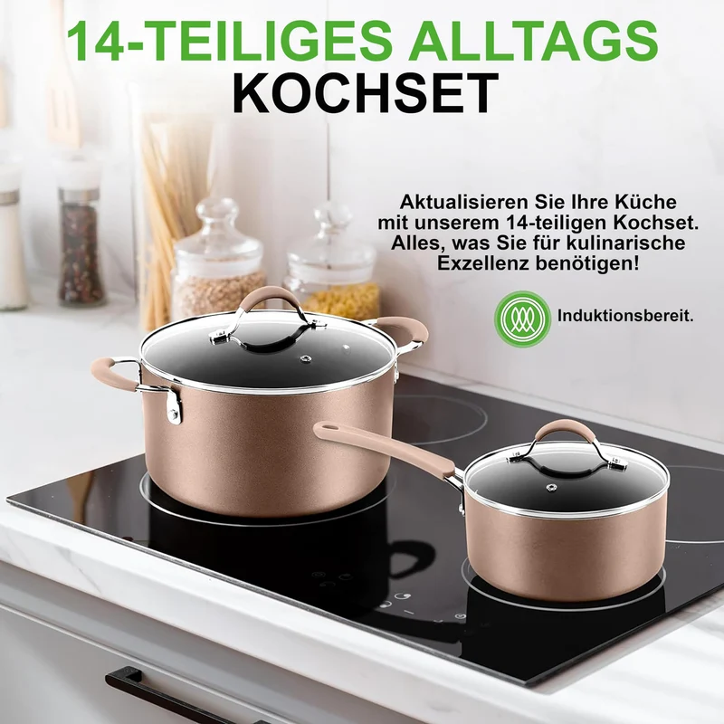 Induktions-Saucepan-Set, 14 Stück, Non-Stick-Beschichtung, Töpfe & Pfannen PFOA/PFOS frei, Kochtopf-Set, Küchenset, Edelstahl, Aluminium - Hochwertiges Kochgeschirr / NEU & OVP!