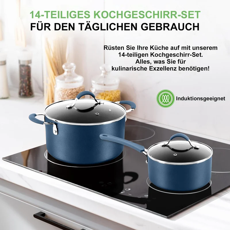 Induktions-Saucepan-Set, 14 Stück, Non-Stick-Beschichtung, Töpfe & Pfannen PFOA/PFOS frei, Kochtopf-Set, Küchenset, Edelstahl, Aluminium - Hochwertiges Kochgeschirr / NEU & OVP!