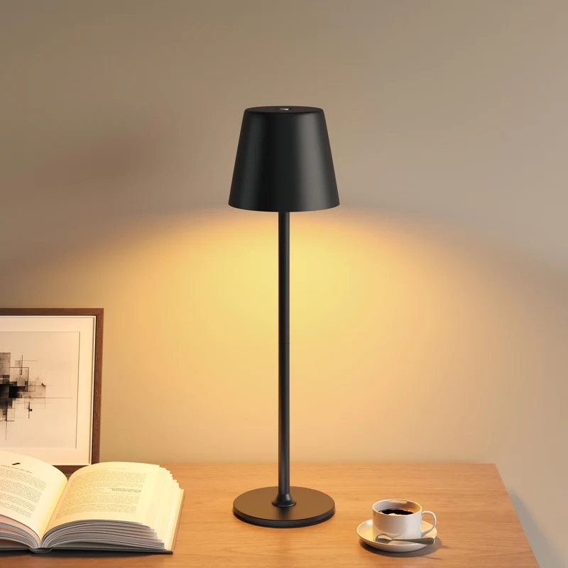 LED Tischlampe Wireless Dimmbare Nachttischlampe Touch, Batterie Tischlampe Wireless, Indoor Aussentischlampe Batterie, 3-Level Warmes Licht, IP54 Wasserdicht, Vollmetallgehäuse