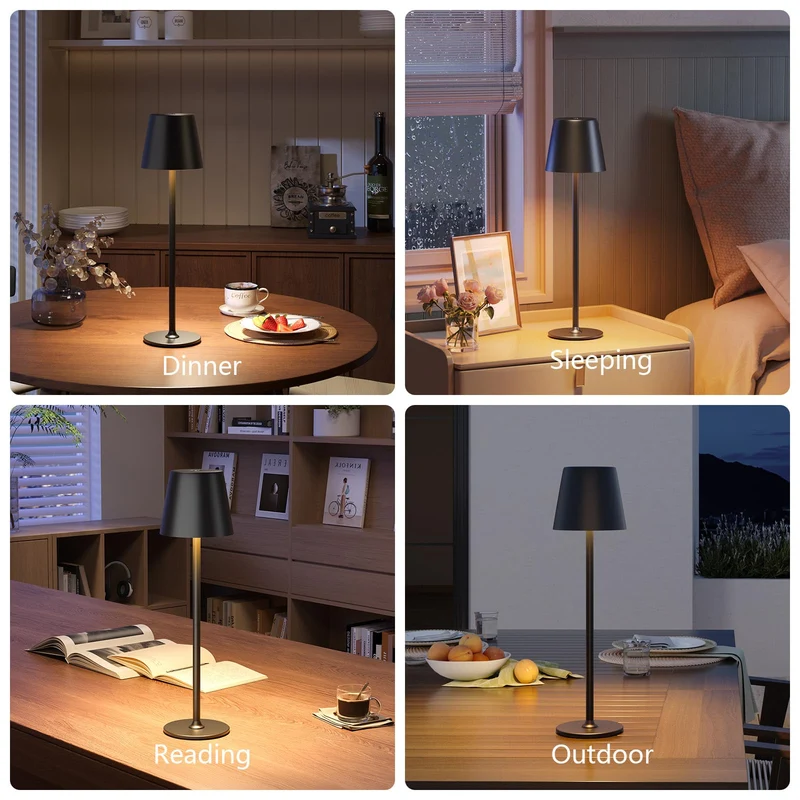 LED Tischlampe Wireless Dimmbare Nachttischlampe Touch, Batterie Tischlampe Wireless, Indoor Aussentischlampe Batterie, 3-Level Warmes Licht, IP54 Wasserdicht, Vollmetallgehäuse