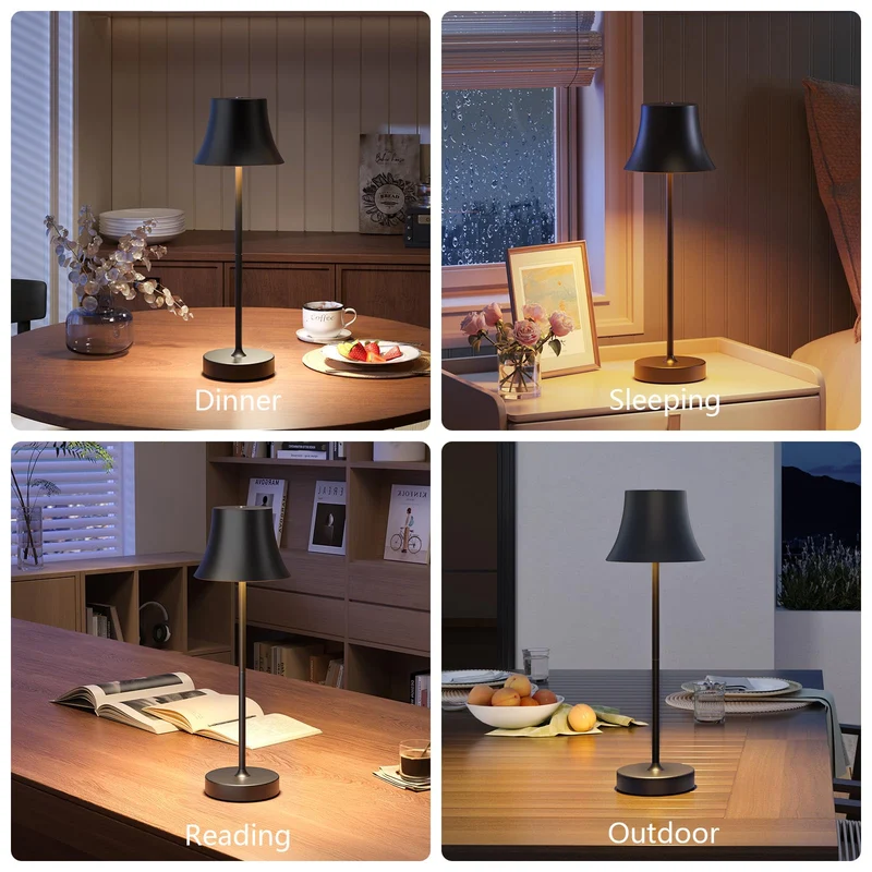 LED Tischlampe Wireless Dimmbare Nachttischlampe Touch, Batterie Tischlampe Wireless, Indoor Aussentischlampe Batterie, 3-Level Warmes Licht, IP54 Wasserdicht, Vollmetallgehäuse