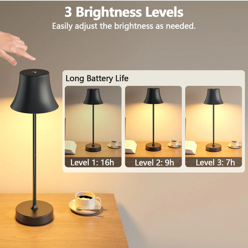 LED Tischlampe Wireless Dimmbare Nachttischlampe Touch, Batterie Tischlampe Wireless, Indoor Aussentischlampe Batterie, 3-Level Warmes Licht, IP54 Wasserdicht, Vollmetallgehäuse
