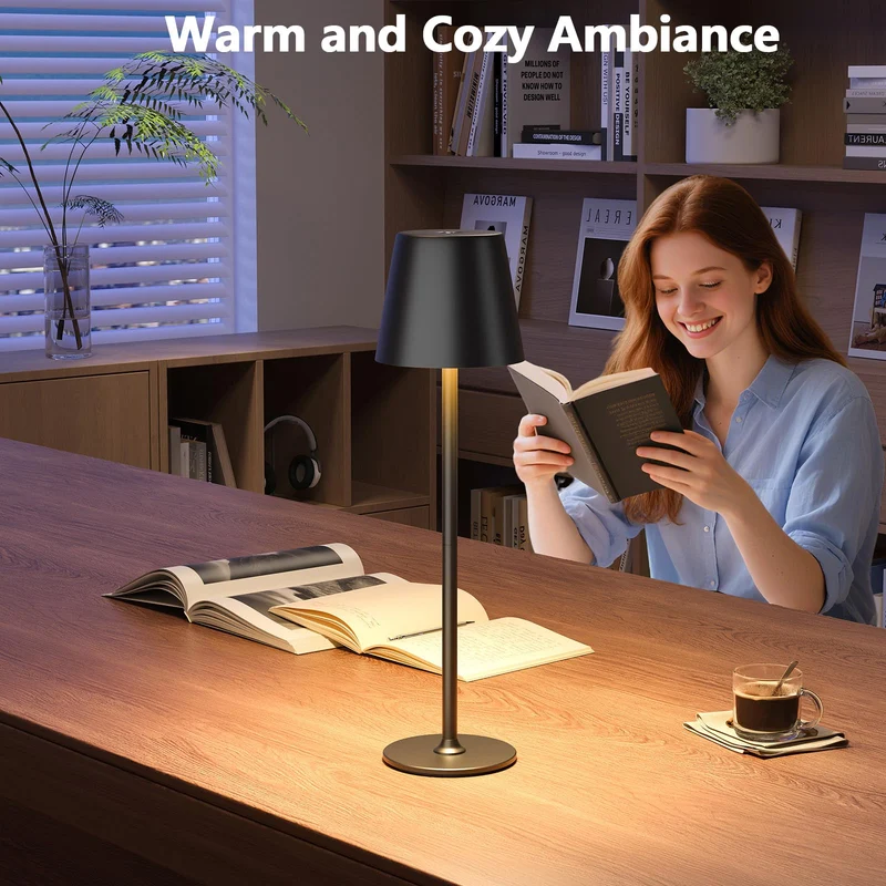 LED Tischlampe Wireless Dimmbare Nachttischlampe Touch, Batterie Tischlampe Wireless, Indoor Aussentischlampe Batterie, 3-Level Warmes Licht, IP54 Wasserdicht, Vollmetallgehäuse