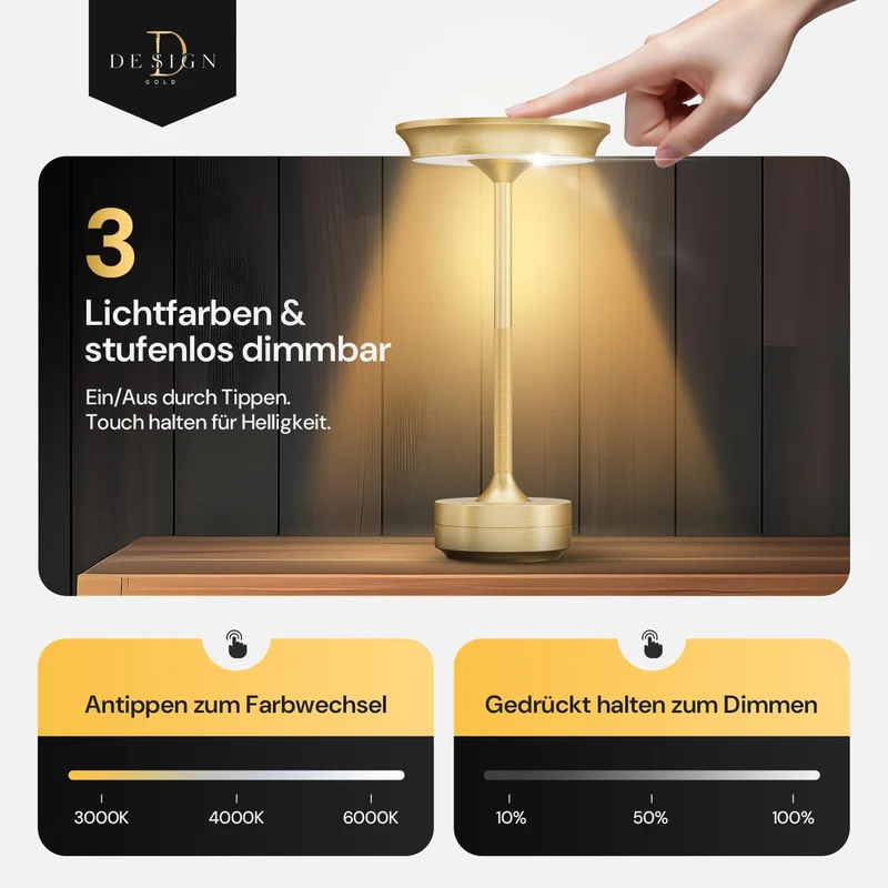 LED Tischlampe Wireless - Stilvolles Design mit Batterie & USB-C - 3 Lichtfarben & Dimmfunktion - Drahtlose Freiheit für Outdoor & Indoor - Dimmbare Batterietischlampe Wiederaufladbar