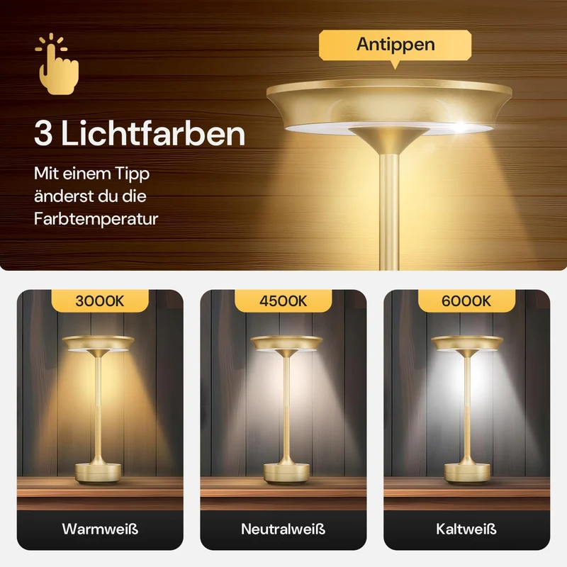 LED Tischlampe Wireless - Stilvolles Design mit Batterie & USB-C - 3 Lichtfarben & Dimmfunktion - Drahtlose Freiheit für Outdoor & Indoor - Dimmbare Batterietischlampe Wiederaufladbar