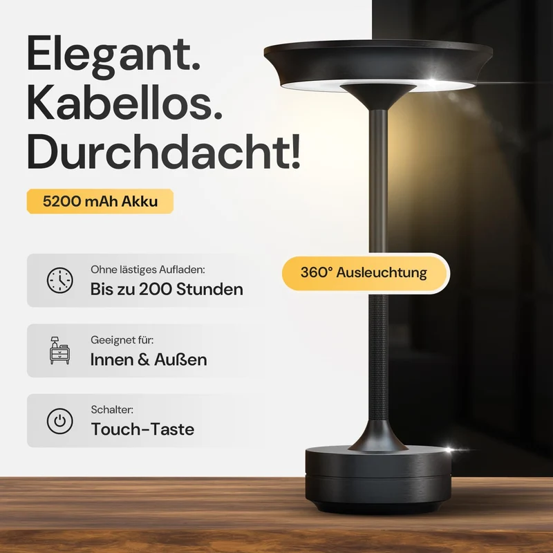 LED Tischlampe Wireless - Stilvolles Design mit Batterie & USB-C - 3 Lichtfarben & Dimmfunktion - Drahtlose Freiheit für Outdoor & Indoor - Dimmbare Batterietischlampe Wiederaufladbar