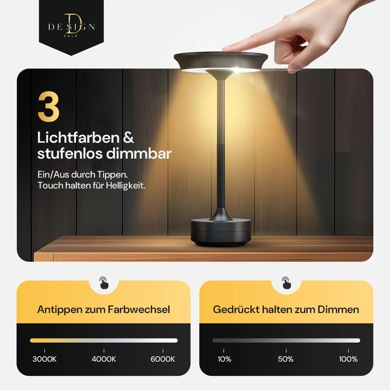 LED Tischlampe Wireless - Stilvolles Design mit Batterie & USB-C - 3 Lichtfarben & Dimmfunktion - Drahtlose Freiheit für Outdoor & Indoor - Dimmbare Batterietischlampe Wiederaufladbar