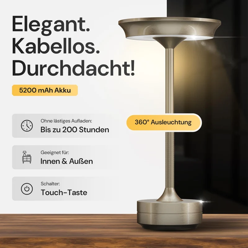 LED Tischlampe Wireless - Stilvolles Design mit Batterie & USB-C - 3 Lichtfarben & Dimmfunktion - Drahtlose Freiheit für Outdoor & Indoor - Dimmbare Batterietischlampe Wiederaufladbar