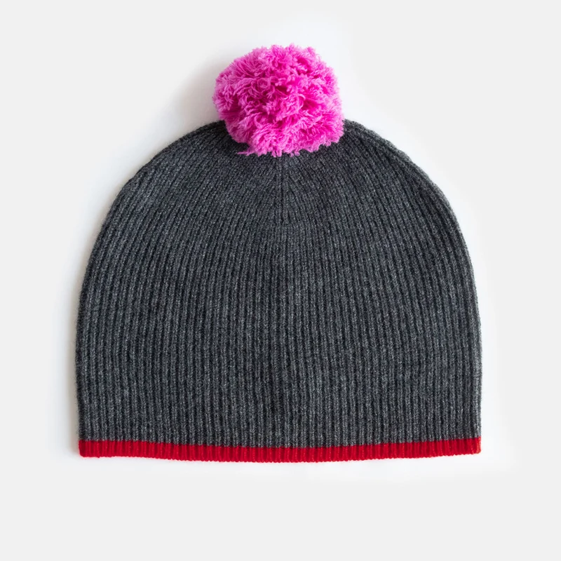 Grey Rib Lightweight Cashmere Pom Beanie Hat